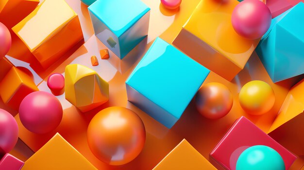 Abstract background of colorful glossy spheres and cubes