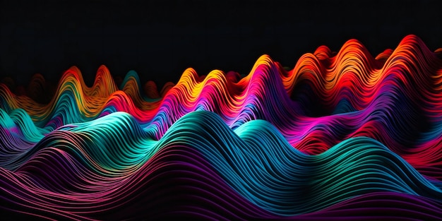 Abstract background of colorful wavy lines in the dark purple