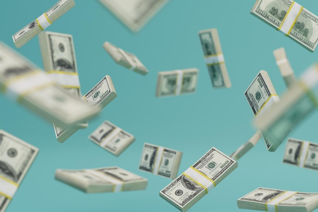 An abstract background consisting of bundles of dollar bills flying across a turquoise background