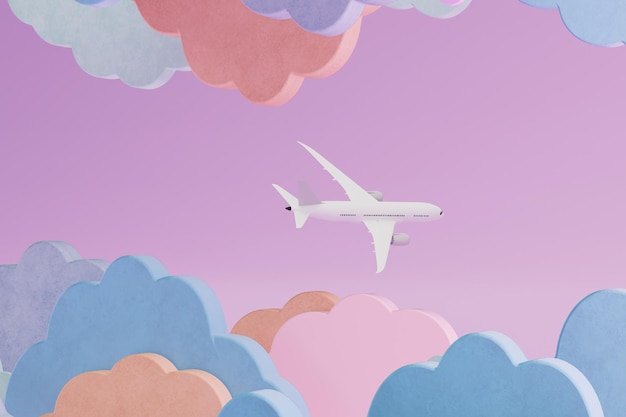 Abstract background consisting of multicolored clouds among which the plane flies 3D render