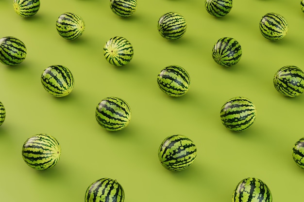 Abstract background consisting of watermelons on a green background 3D render