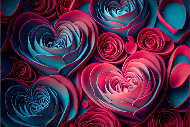 Abstract background of delicate red pink and neon rose buds