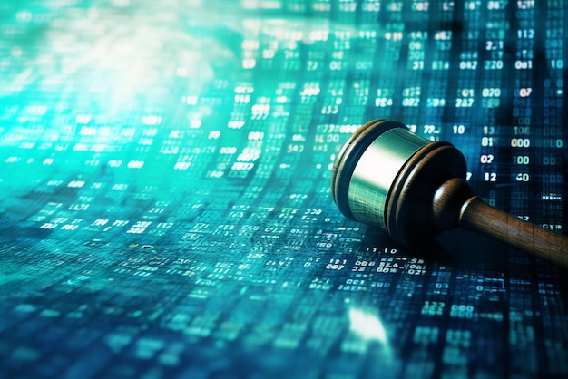 Photo abstract background of digital computer code and judge gavel