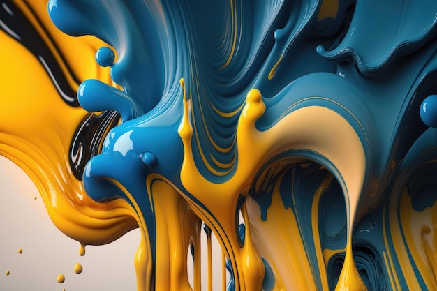 Abstract background of drops of blue and yellow liquid in 3d style AI generation