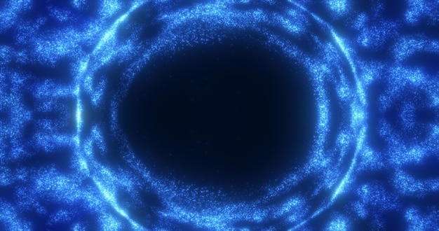 Abstract background of an energetic blue magic ring of glowing particles and a wave of energy