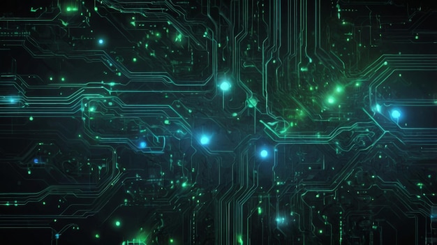 abstract background featuring a detailed circuit board design with glowing pathways and nodes