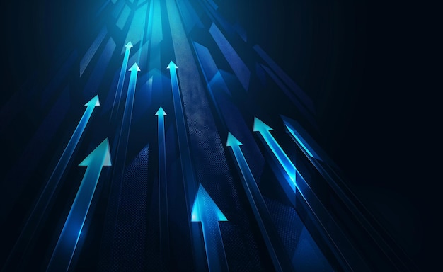 An abstract background featuring multiple glowing blue arrows pointing upwards with a gradient dark