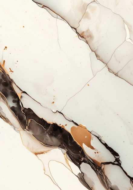 Abstract background featuring smoky quartz marble with ink ripples and metallic splatters