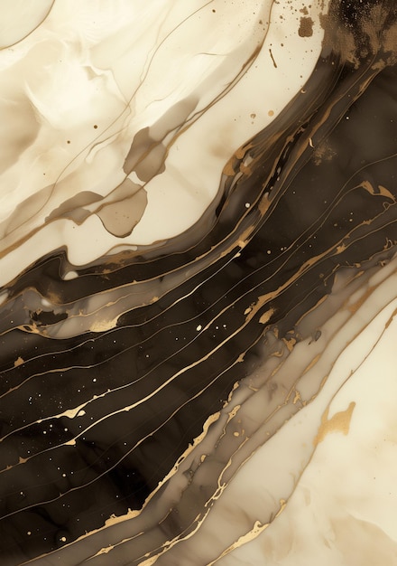 Abstract background featuring smoky quartz marble with ink ripples and metallic splatters