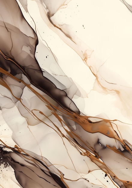 Abstract background featuring smoky quartz marble with ink ripples and metallic splatters