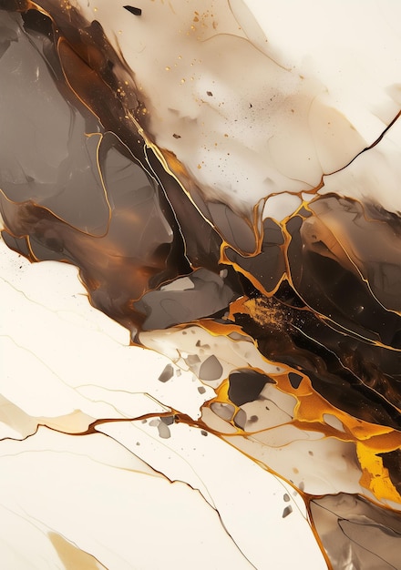 Abstract background featuring smoky quartz marble with ink ripples and metallic splatters