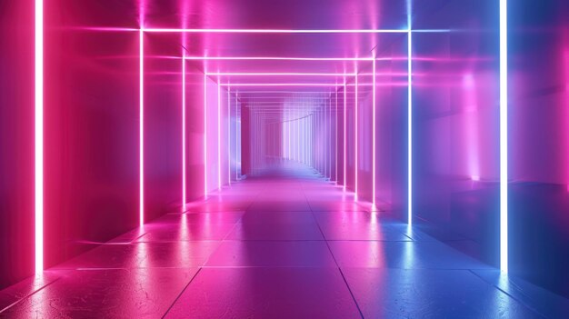 Abstract background of futuristic corridor with pink and blue neon lights