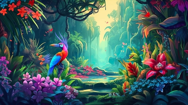 Abstract background garden of paradise Banner design with otherworldly beauty of a magical garden of paradise with beauty birds and plants Generative AI