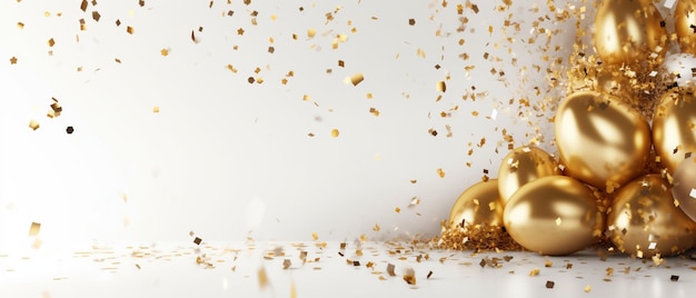 Abstract background gold fireworks and falling shiny confetti and balloon on white background