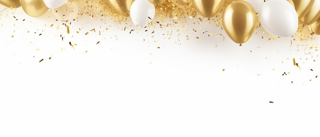 Abstract background gold fireworks and falling shiny confetti and balloon on white background