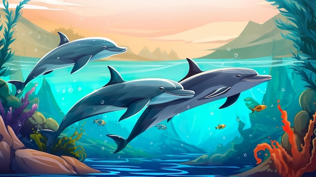 Abstract background group of dolphin An enchanting banner design featuring an illustration of a lively group of dolphins on an abstract background Generative AI