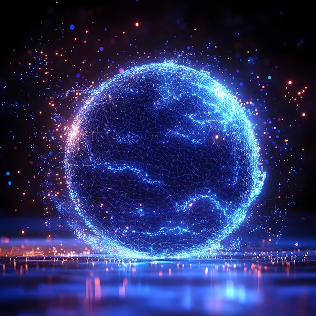 Photo abstract background illustration glowing blue sphere with network connections and particles