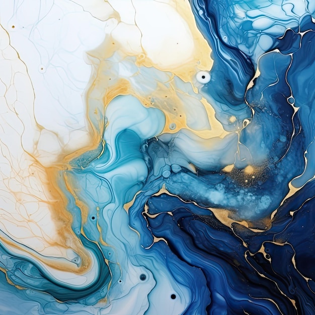 Abstract background ink fluid marble effect blue color with gold texture