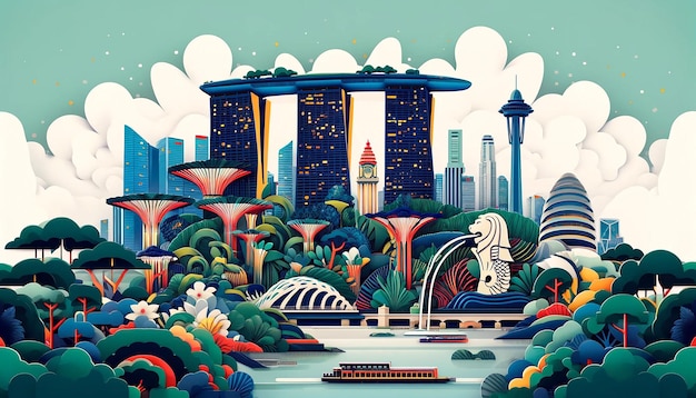 Abstract background inspired by the city of Singapore featuring retro paper cut designs