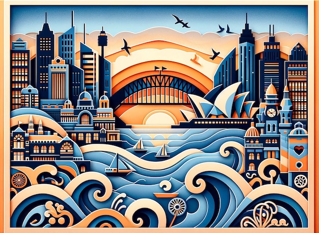 Abstract background inspired by the city of Sydney featuring retro paper cut designs