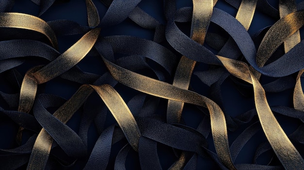 Abstract Background of Intertwined Gold and Black Ribbons with a Textured Surface