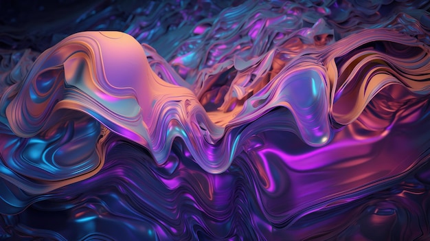 Abstract background iridescent holographic foil metallic texture ultraviolet wavy wallpaper fluid ripples liquid metal surface esoteric aura spectrum bright hue colors generative Ai