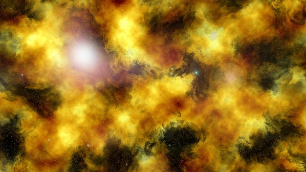 The abstract background is a yellow cosmic nebula.