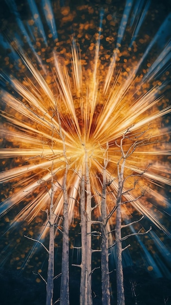 Abstract background of light burst among trees and glitter golden bokeh lights