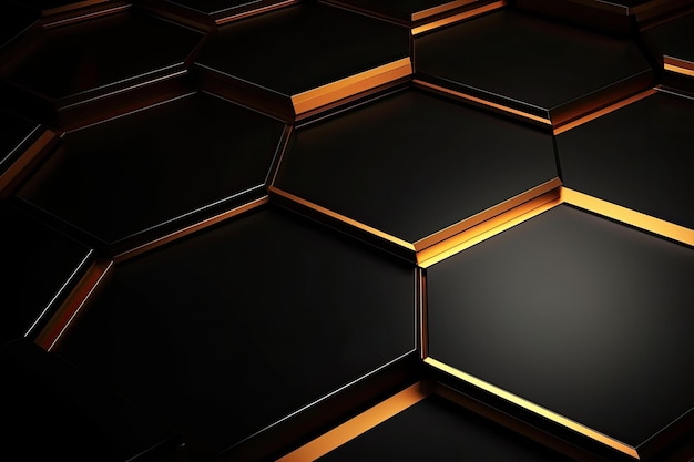 Abstract background made of black and golden hexagons 3d render Luxury hexagonal abstract black metal background with golden light lines AI Generated