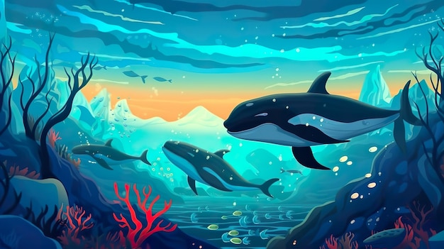 Abstract background migrating whales Whale migration comes to life in an abstract background illustration designed for captivating banners Generative AI