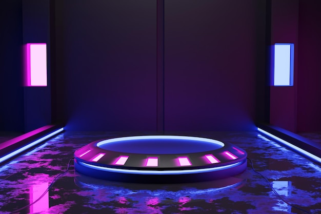 abstract background,neon lights are glowing blue and pink lines,with a circular plinth 3d rendering.