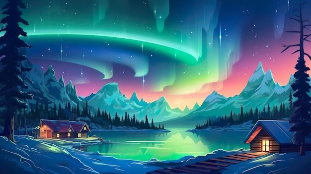 Abstract background north light The magic of the Northern Lights transport you to a world of wonder with a captivating banner featuring an lake background Generative AI