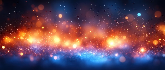 Photo abstract background of orange and blue lights with glitter and bokeh