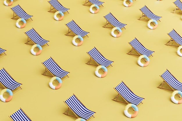 An abstract background patterns of fabric beach sunbeds and inflatable circles