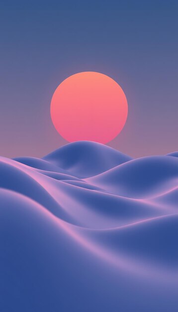 Abstract background of a pink sun setting over a blue landscape