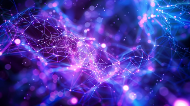 Abstract background of purple and blue glowing geometric shapes connected in the style of lines neural network or artificial intelligence theme complex pattern with interconnected dots and triangle