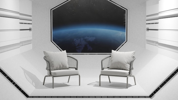 Abstract background of Sci Fi Futuristic Spaceship work space and chair 3D illustration rendering