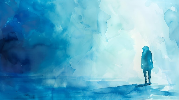 Abstract Background A solitary figure stands in a tranquil bluetoned watercolor scene