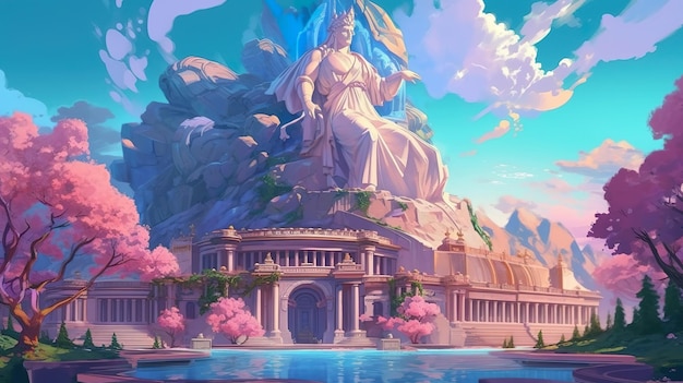 Abstract background statue in the divine palace mythology An immersive illustration in a banner design with the splendor of a statue within the divine palace amidst a backdrop Generative AI