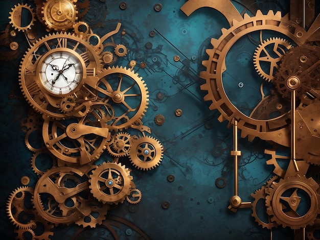 an abstract background that combines the elements of steampunk and fantasy featuring gears clocks