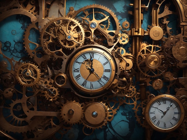 an abstract background that combines the elements of steampunk and fantasy featuring gears clocks