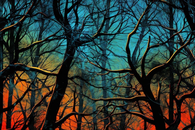 Abstract background of trees in the forest with blue and orange lights