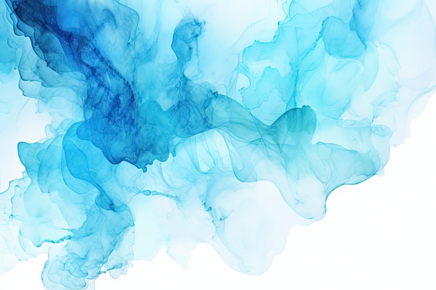 Abstract background of watercolor with a splatter of paint in blue and turquoise tones on white back