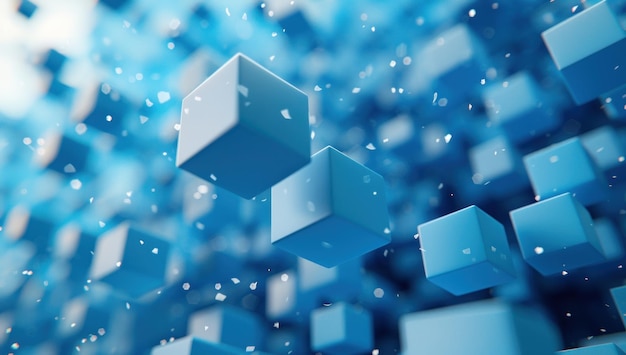 abstract background with blue cubes in motion and falling snowflakes