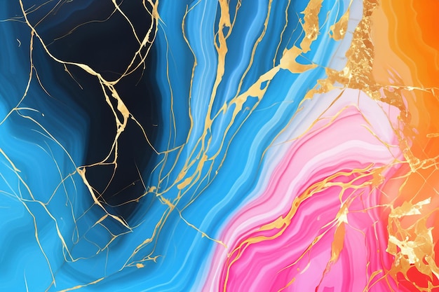 Abstract background with blue pink orange and gold colors in a liquid marble pattern