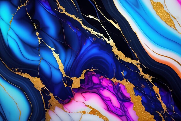 Abstract background with blue purple and white liquid swirls and gold glitter