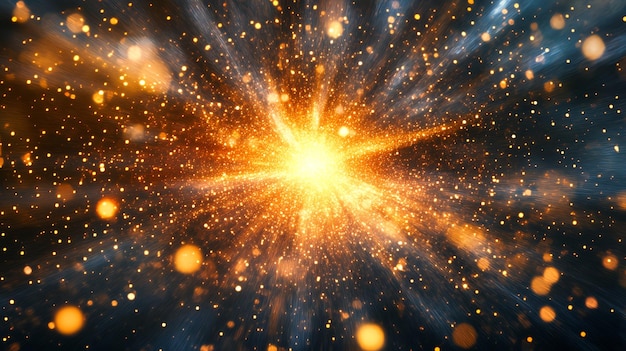 Photo abstract background with a bright golden light exploding in the center surrounded by sparkling particles