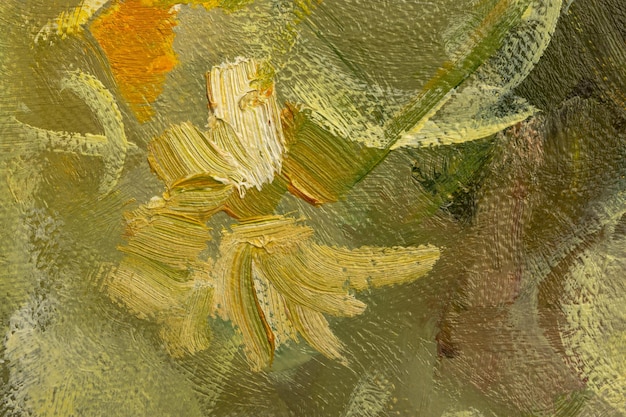 Abstract background with brown and yellow oil paint on canvas. Close-up of brushstrokes in the painting. Olive, ocher, lemon yellow paint. Handmade background design with canvas texture. Oil painting