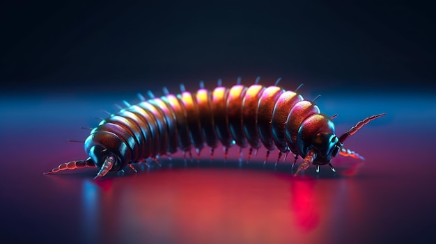 Abstract background with caterpillar with antennae in neon colors Shiny worm arthropod insect or bug larva in close up view wallpaper Horizontal illustration for banner design Generative AI