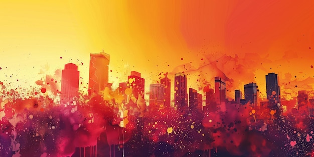 Photo abstract background with city skyline silhouette and bright paint splashes in warm tones saturated colors